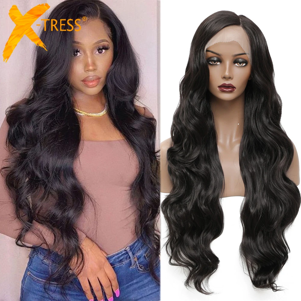 

Темно-коричневый парик из натуральных волнистых синтетических кружевных фронтальных париков с тесьмой длиной 30 дюймов, термостойкий кружевной парик для женщин, X-TRESS