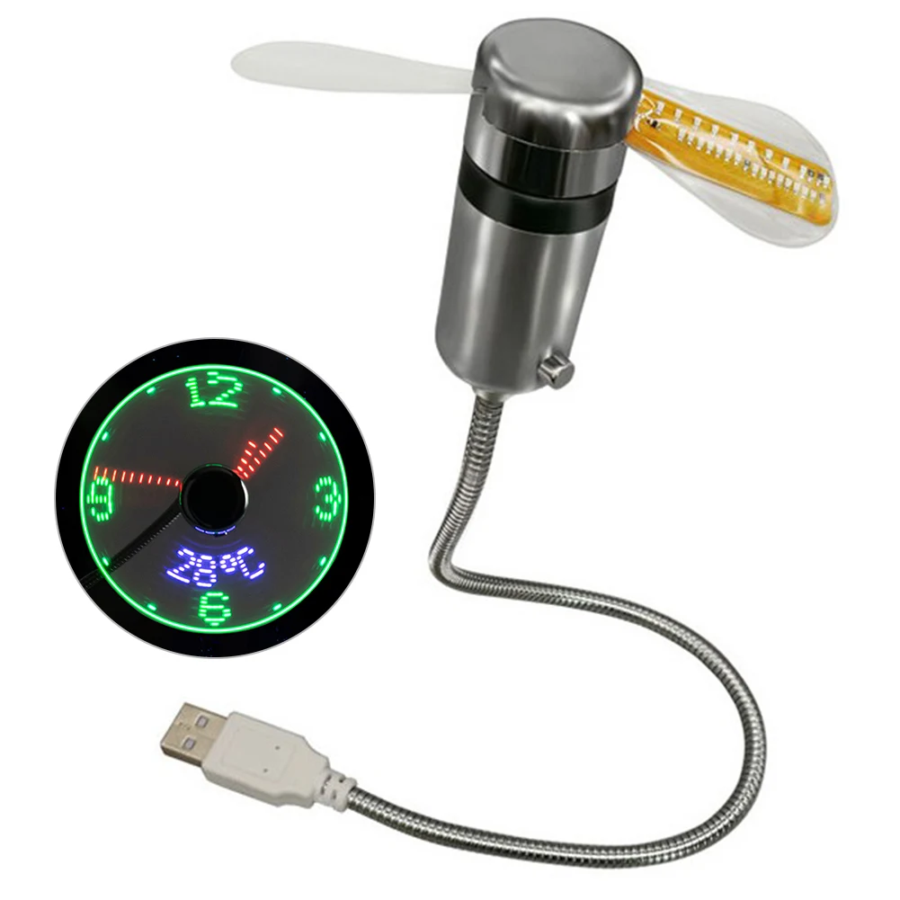 LED Clock Fan Time Temperature Display Mini Cooling Flashing Fan USB Powered Flexible Gooseneck LED Clock for Laptop PC Notebook