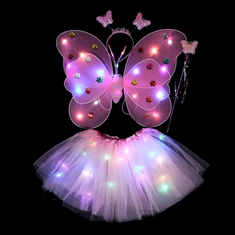 

LED Light Butterfly Wings Girls Costume Birthday Halloween Princess Dress Angel Luminous Wings TuTu Skirt Party Dress Up