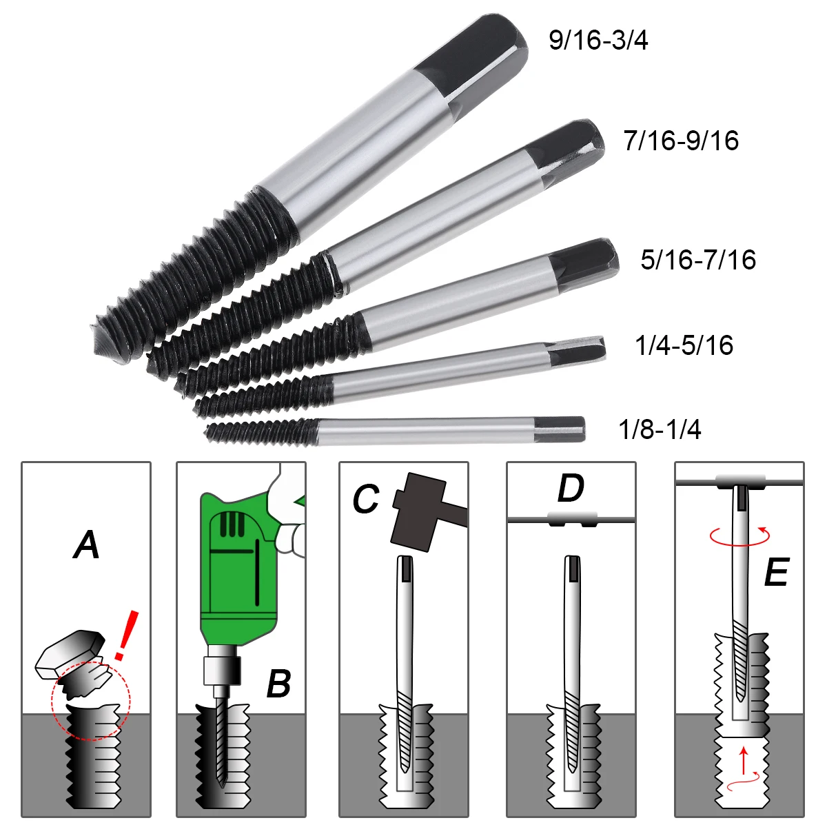 

5pcs Damaged Broken Screw Extractor Easy Out Set Drill Bits Guide Broken Damaged Bolt Remover for Broken Hand Tool