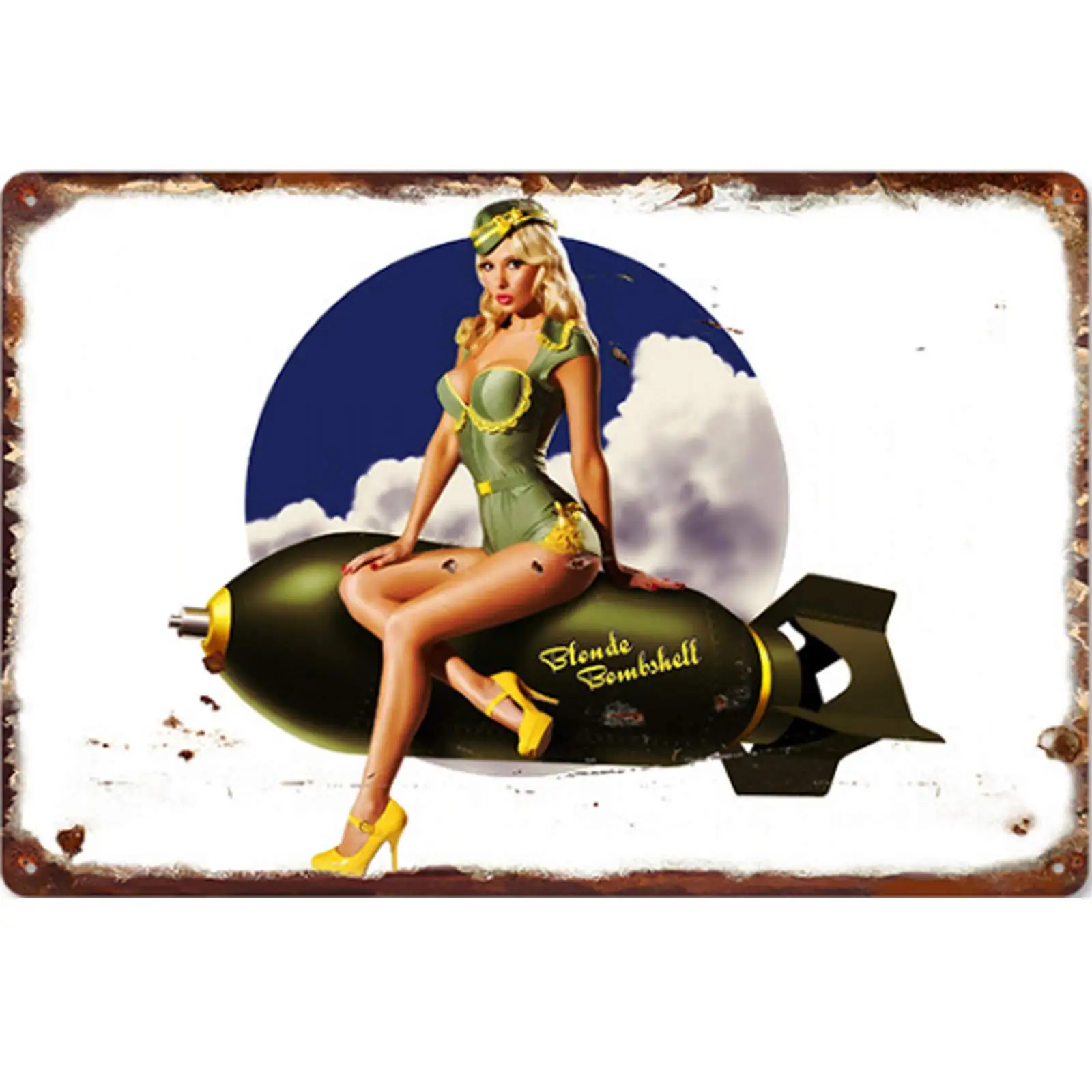 

Vintage Design Lady Luck Tin Metal Signs Wall Art|Lady on The Bomb|Thick Tinplate Print Poster Wall Decoration for Bar