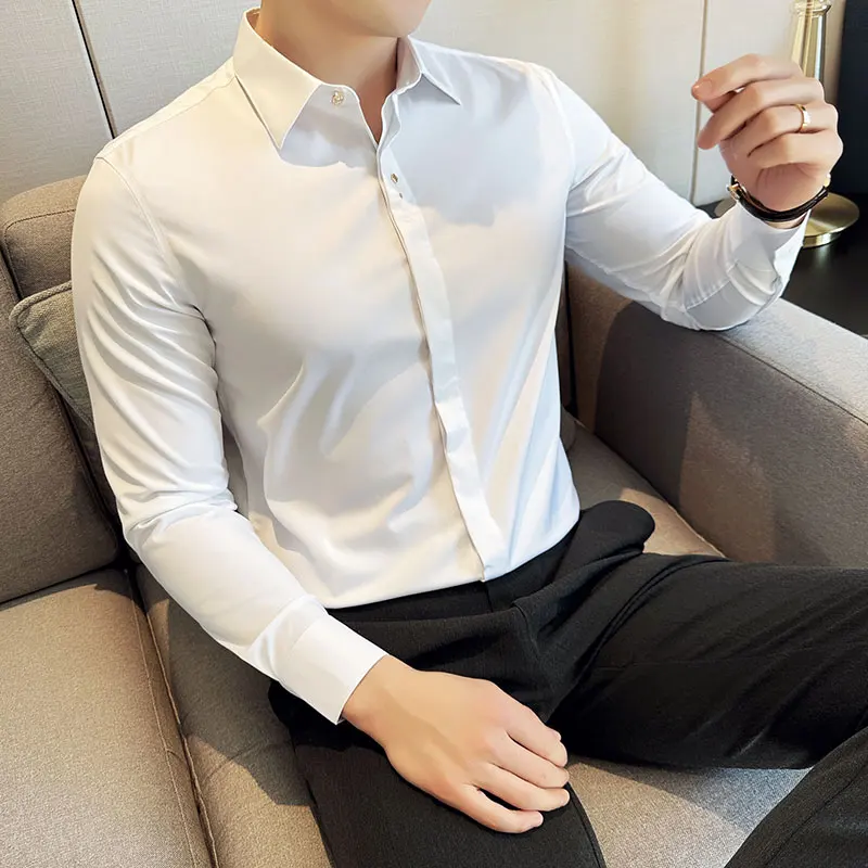 Luxury Texture Designer Shirt Long Sleeve Formal Shirts for Men Grey Slim Fit Blouses Metal Gold Camisa Masculina No Iron 2024