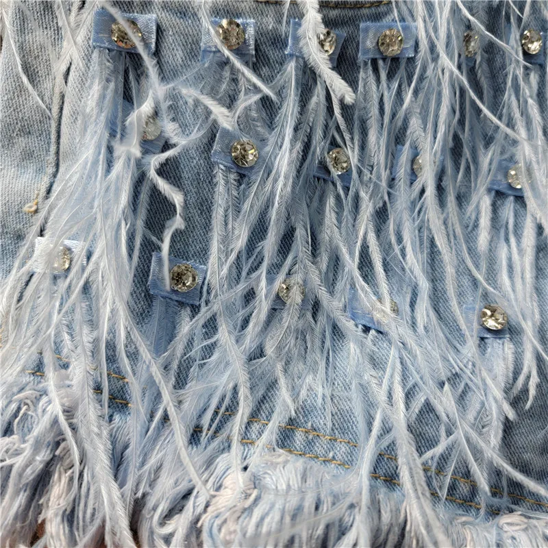 Fashion 2024 Summer New Denim Short Pants Diamond Ostrich Feather Design Shorts Slim Fit Tassel Versatile Women's Denim Shorts