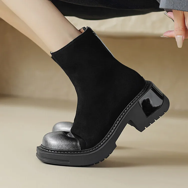 

Black Elastic Suede Women Ankle Boots Platform Vintage Metal Color Square Toe Short Sock Botas Brown Riding Botines Footwear