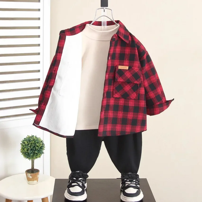 Thickened Fleece Lined Plaid Shirt for Baby Boys Autumn Winter Kids Clothes Integrated Fleece Baby Outfit New Hot Sale Of The Se