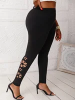 Plus Size Women's High-Elasticity Skinny Pants with Floral Pattern Hollow Comfortable Leggings Fashionable Knit Long Trousers - Image 4