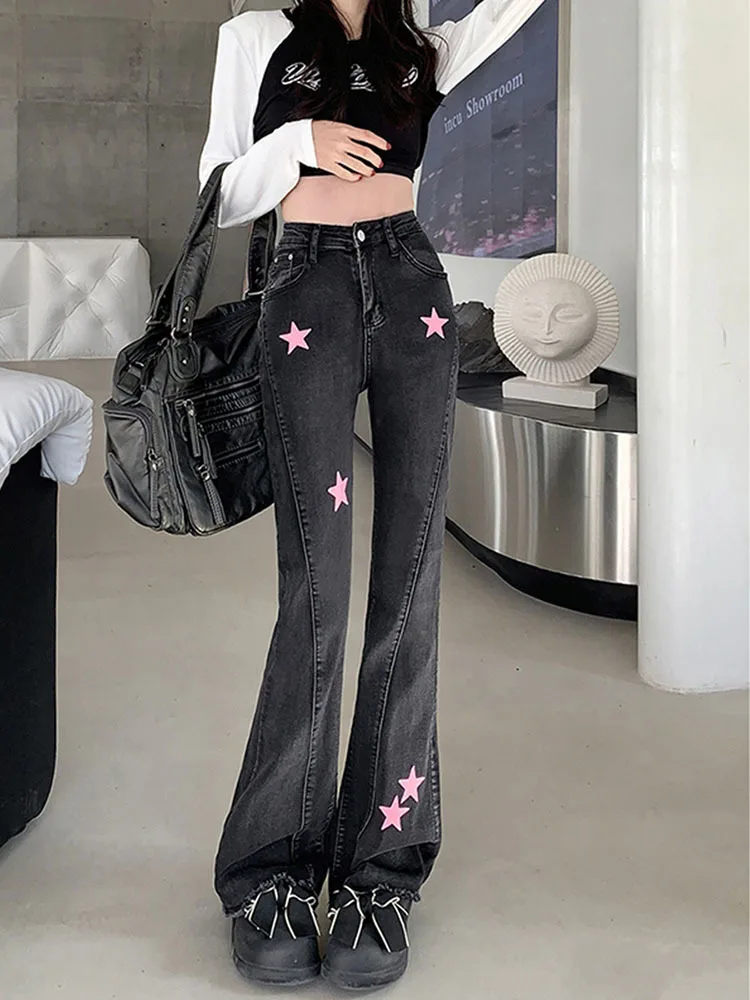 

Goth Pink Star Flared Jeans 5XL Fashion Pants Grunge Y2k Stretchy Ladies Trousers Grayu Fashion Harajuku Streetwear
