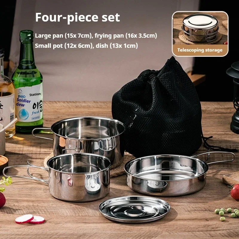 Outdoor Cookware Set Camping Stainless Steel Pot Portable Folding Handle Frying Pan Plate Picnic Cookware Outdoor Supplies