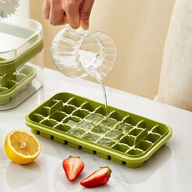 GROFRY 1 Set Ice Cube Tray Single/Double Layer Multiple Grids Press Button  Design Silicone Ice Mold Tray Storage Box with Shovel Kitchen Tool,Green  Dual Layer 