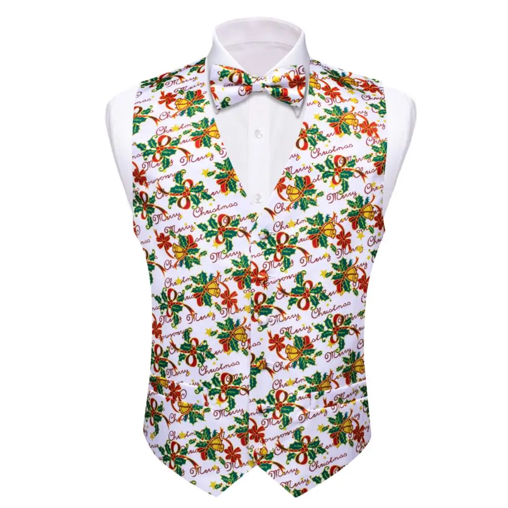 

Christmas Mens Vest Silk White Jingling Bells Snowflake Santa Claus Elk Waistcoat Tie Bowtie Set Partyl Barry Wang