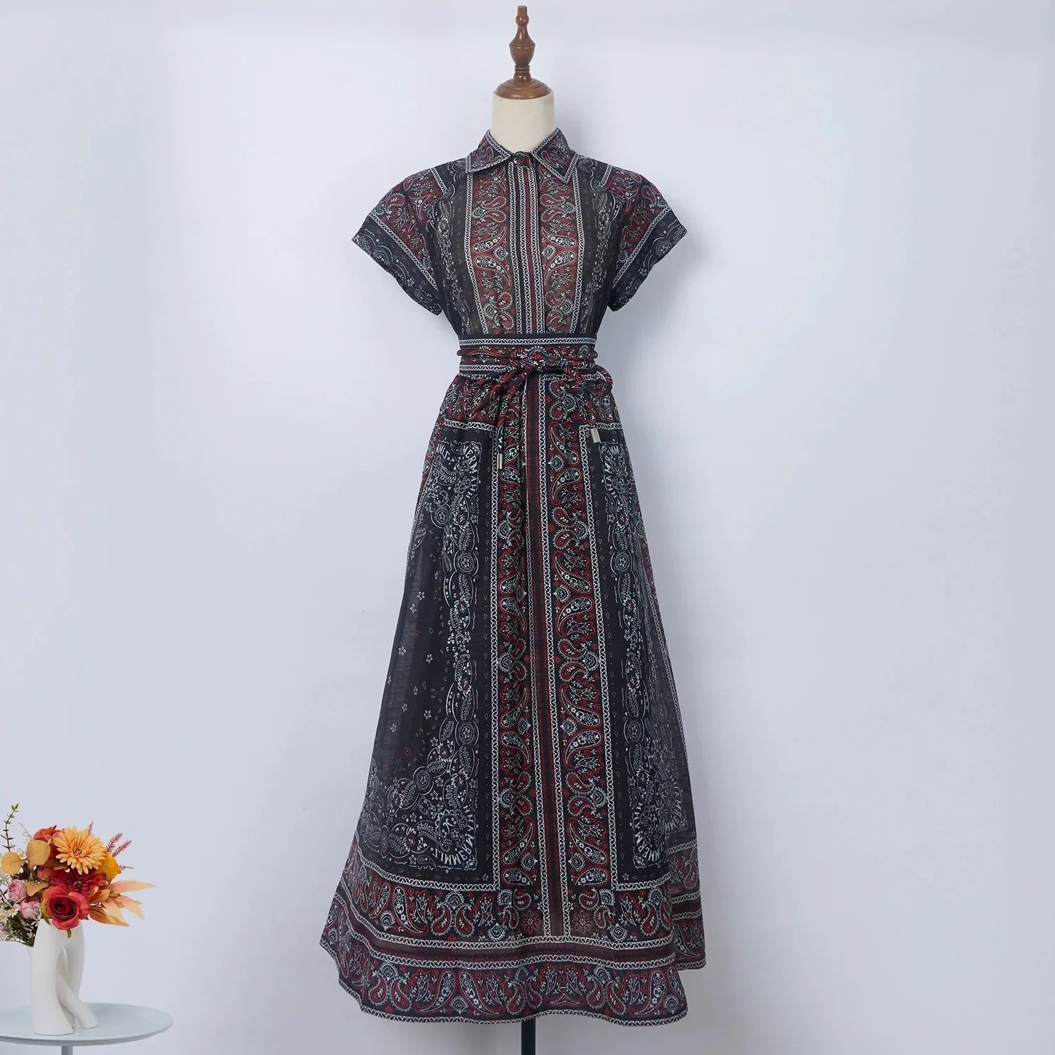 2024 New Dress  Positioning Printing Two-piece High-end Shirt Top+lace Up Long Skirt Set Two Piece Sets Womens Outifitsa