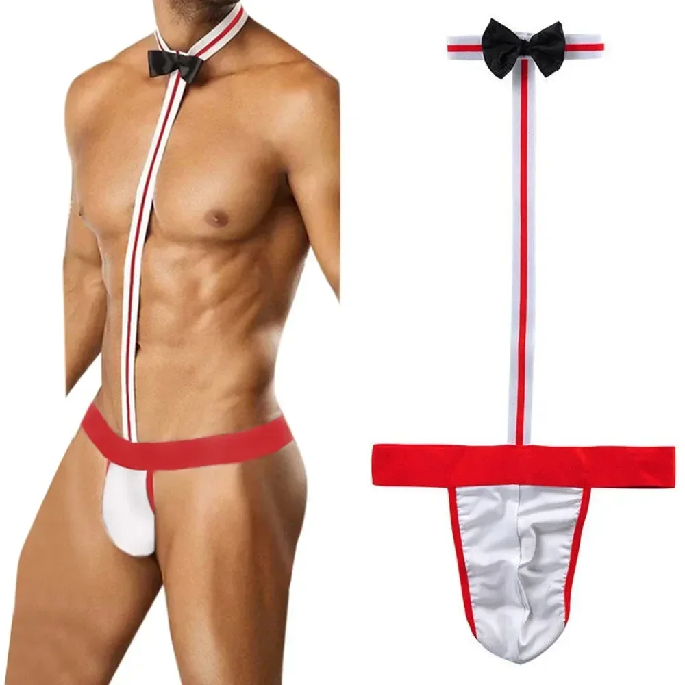 Men Sexy Exotic Clothing Novelty Mankini Thongs Bowknot Tie Bodysuit Costume Gay Body Briefs Fun Jockstrap G-Strings Lingerie