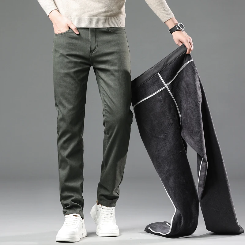 Winter New 2025 Fleece Pants Men's Thick Slim Elastic Business Casual Velvet Pants Warm Fashion Solid Color Plush Trousers Male 5