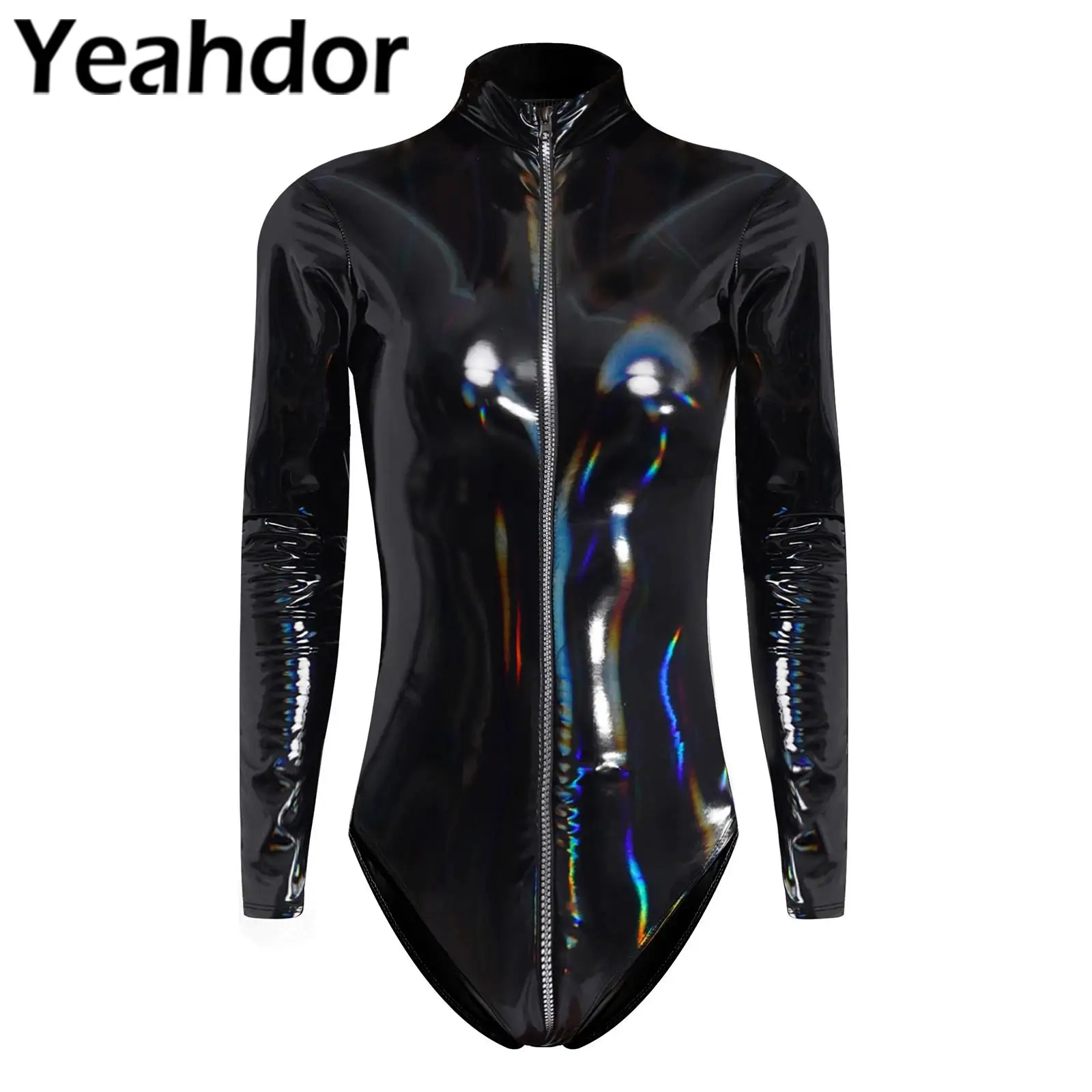 Womens Wet Look Faux Leather Bodysuit Long Sleeve 3-end Zipper Leotard Jumpsuit Sexy Clubwear Party Catsuit Stage Dance Costume