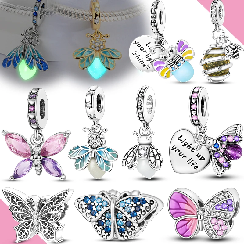 925 Silver Charm Beads Glowing Luminous Firefly Butterfly Pendant fit Bracelet Charm Making Jewelry