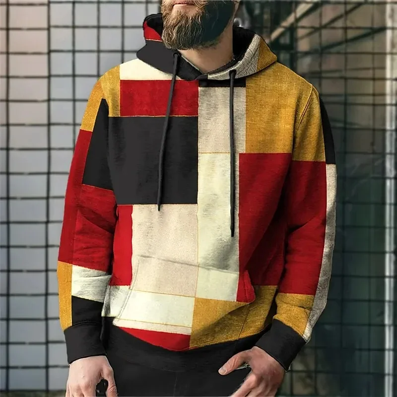 Sudaderas con capucha con patrón de cuadros para hombres, jerséis con estampado 3D de bloques de Color, Tops de calle Unisex, sudaderas sueltas