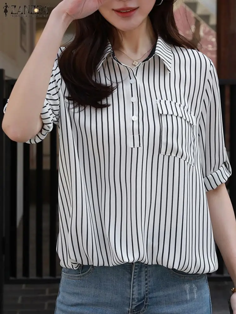 

2023 ZANZEA Women Autumn Striped Blouse Shirt Casual Lapel Neck Long Sleeve Party Tops Tunic Loose Chemise Work Blusas Femininas