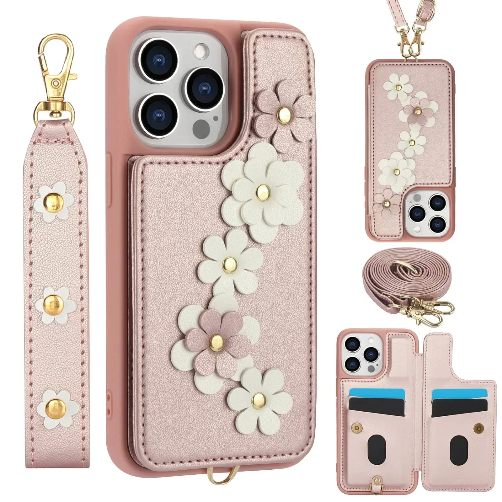 Für iPhone 16 15 14 Pro Max Plus Hülle, Geldbörse mit Kartenhalter, niedliche Blumen-Design-Umhängetasche, magnetische Ständer-Abdeckung