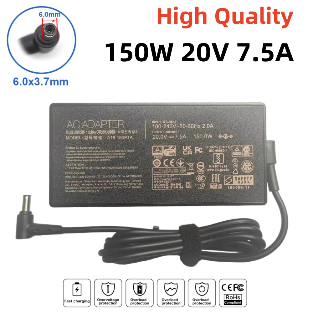 150W 20V 7.5A 6.0x3.7mm Laptop Charger Power Adapter For Asus TUF Gaming FX705DT FX505D FX505DU FX505DT FX95D FX95G A18-150P1A Power Adapter Laptop Charger