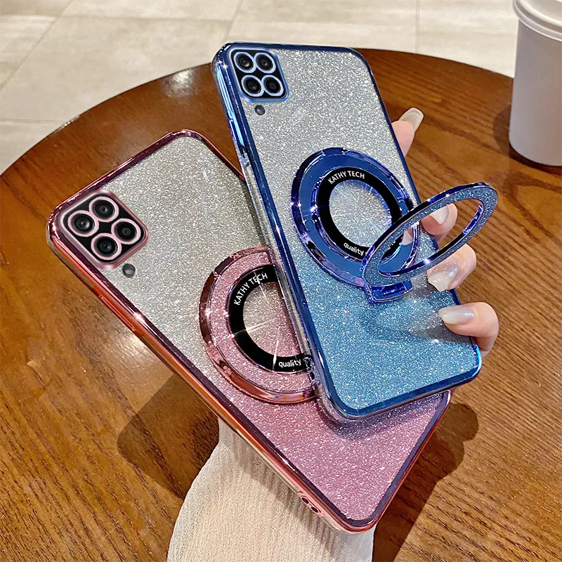 Gradient Glitter Ring Stand Soft Phone Case - Sparkling Grip Cover