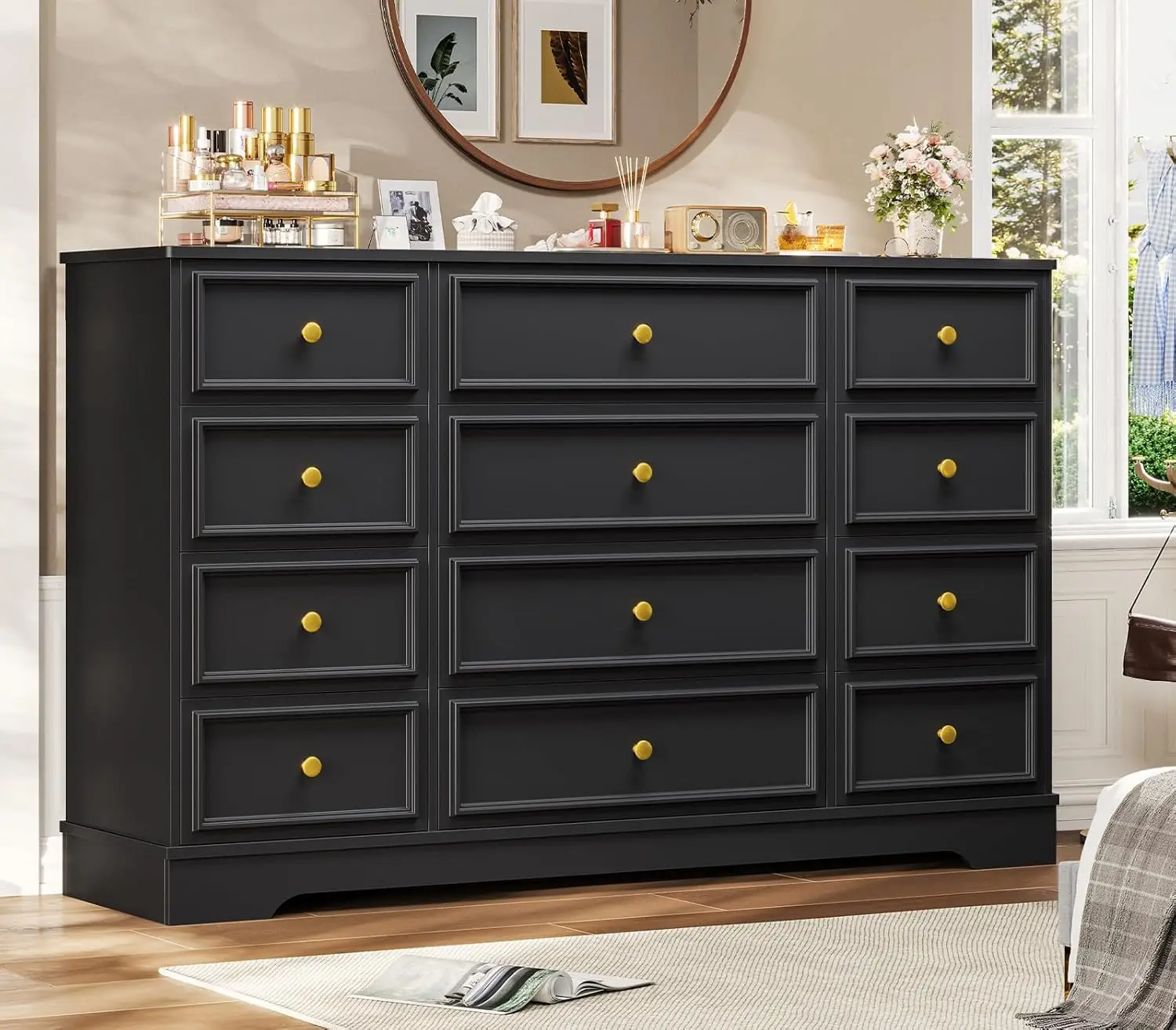 Large Dresser with 12 Drawers for Bedroom, 61.4'' Long Modern Chest of Drawers, Black Wide Dressers Clothes Closet,