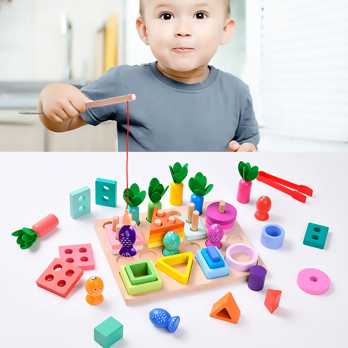 

Dimensional magnetic fishing set column Puzzle Toy blocks kindergarten Montessori shape cognitive matching radish pulling toy