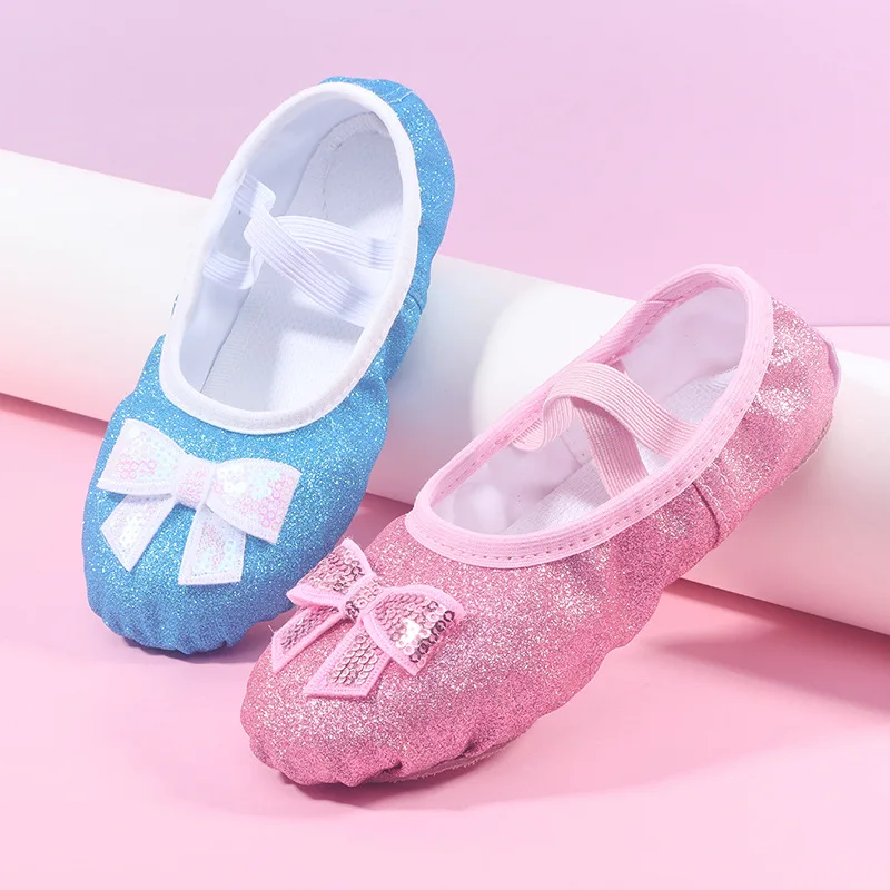 Shiny Pink Blue Bowknot Ballet Shoes for Girls Kids Shoes for Girl Geritide Dance Flat Dancing Shoe with Sequins Girls dance shoes