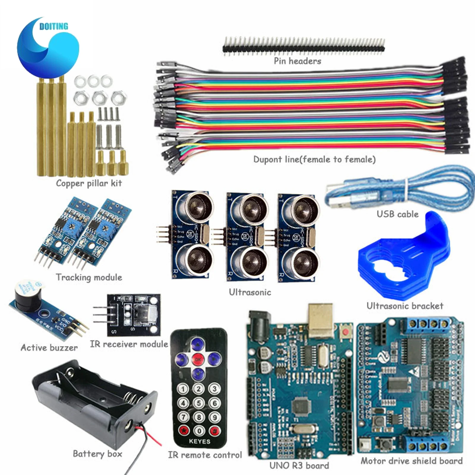 

1 set IR Control Kit with UNO R3 Board+Motor Drive Shield Board+Tracking+Ultrasonic Obstacle Avoidance for Arduino DIY kit