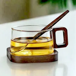 Elegant 200ml Latte Glass Coffee Mug with Wooden Tray and Spoon - Heat-Resistant Cup for Milk Tea and Fresh Ground Coffee (Clear Tray Spoon)