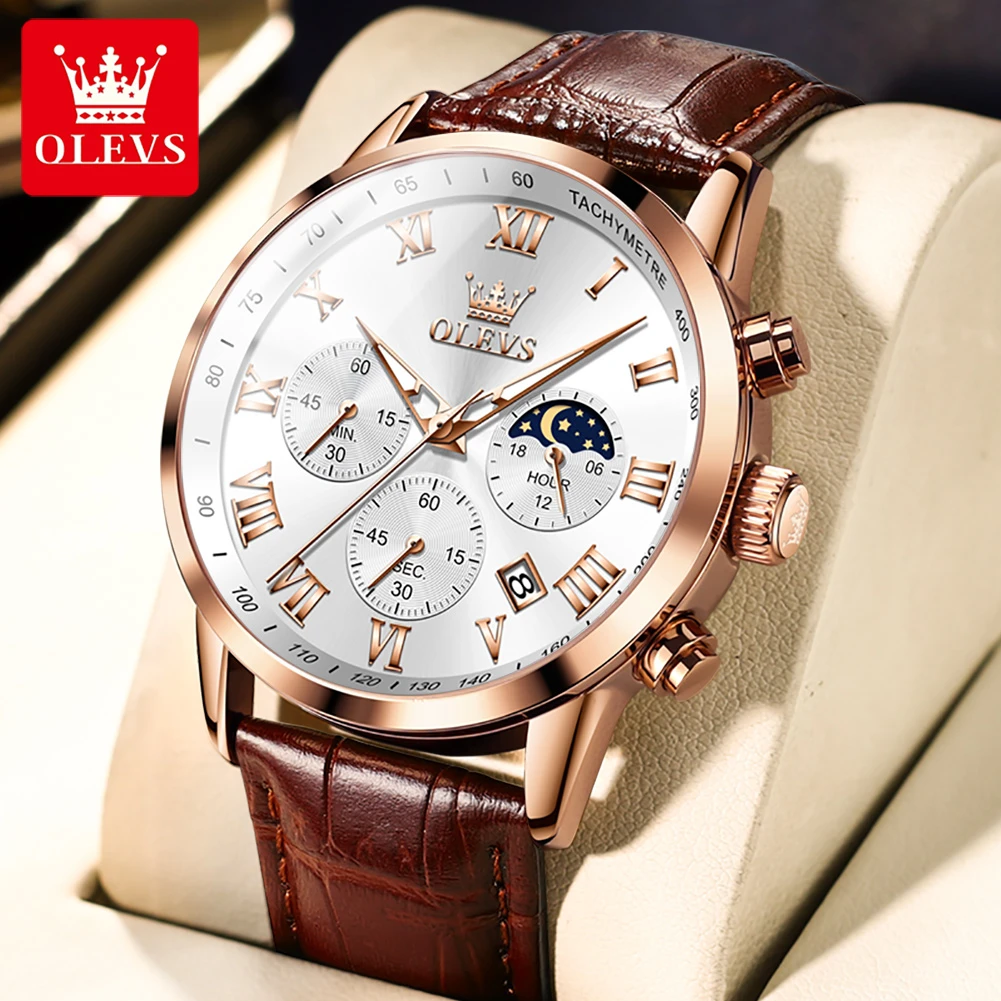 

OLEVS 5529 Quartz Sport Watch Gift Genuine Leather Watchband Round-dial Moon Phase Chronograph Calendar Luminous