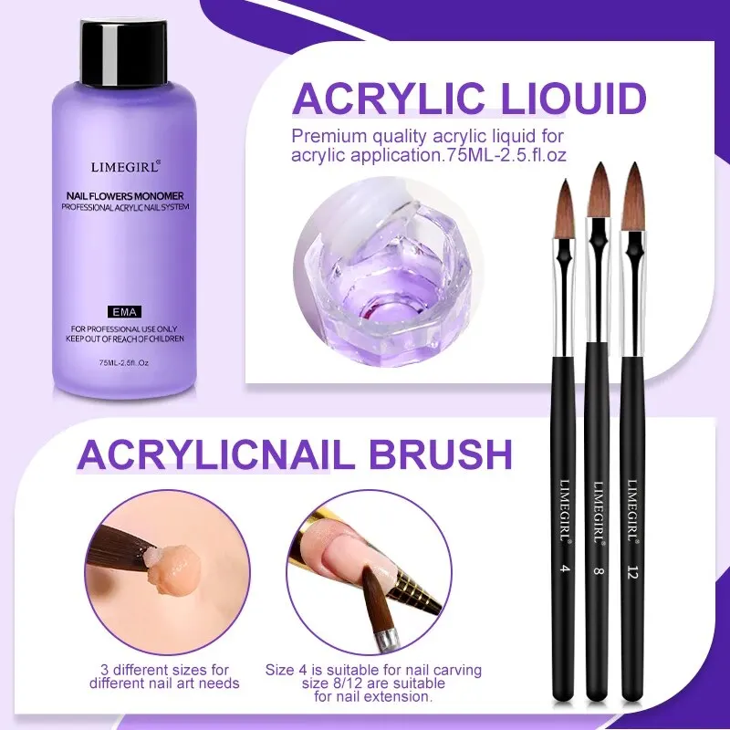 75ml Nail Acrylic Liquid Monomer Brush Kit Nails Art Decoration For Manicure Set Nail 3D Nail Tips DIY Carving Tools 3