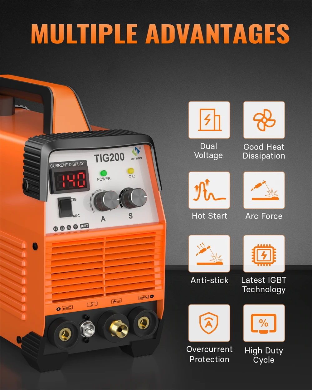 HITBOX TIG200 2 in 1 Welding Machine MMA/HF TIG Arc Force Hot Start IGBT Inverter Stick Welder for Outdoor Home DIY 220V AU Plug