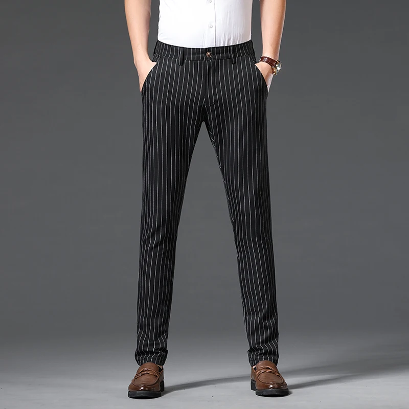 2024 New Business Striped Long Pants Men's Slim Fit Versatile High-End Quality Fashionable Stretch Casual Suit Pants