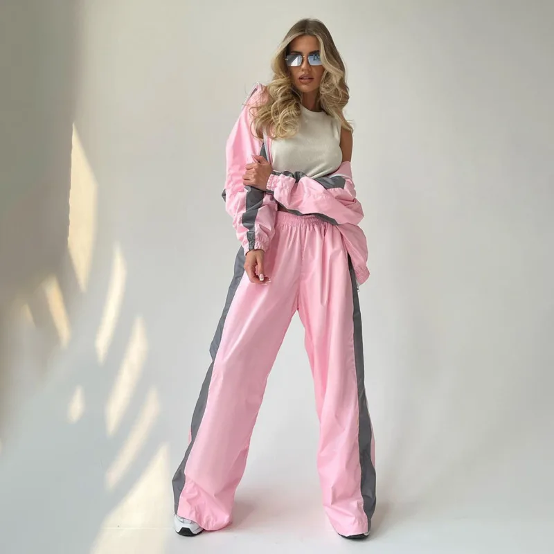

Модный Свободный контрастный комплект из 2 предметов, женский элегантный топ на молнии с длинным рукавом и широкие брюки с высокой талией, Женский Универсальный костюм
