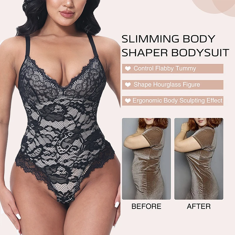 Lace Shapewear Bodysuit Top V-neck Camisole Jumpsuit Sexy Full Body Shaper  Overbust Women Tummy Control Butt Lifting Underwear