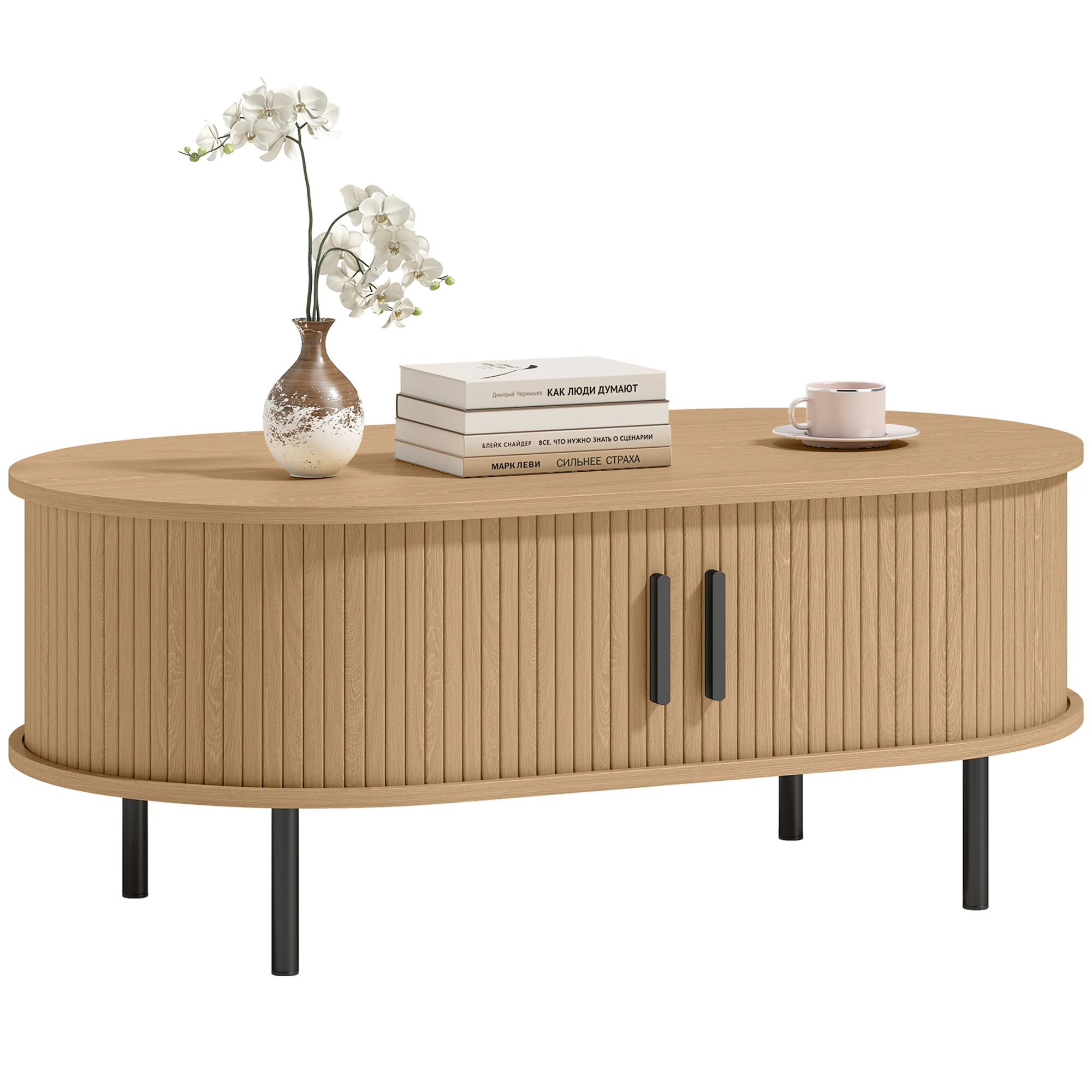 Homcom mesa de centro con puertas deslizantes tipo tambor, 100x55x40 cm, natural