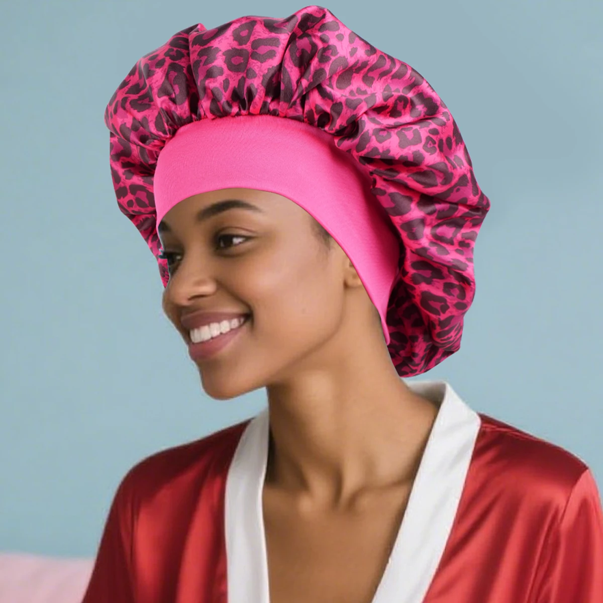 Damen-Schlafhaube aus Satin mit Leopardenmuster, einlagige Schlummertrunk für die Haarpflege, unverzichtbare Schlafzeitroutine, 1er-Pack – Detail 11
