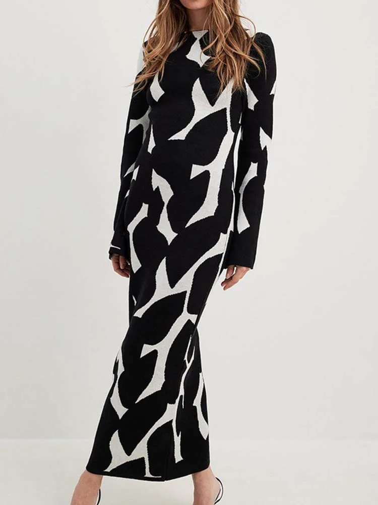 

Knitting Long Dress Women Autumn Winter Flare Sleeve O Neck Slim Print Maxi Dresses Female Elegant Fashion Bodycon Party Dress