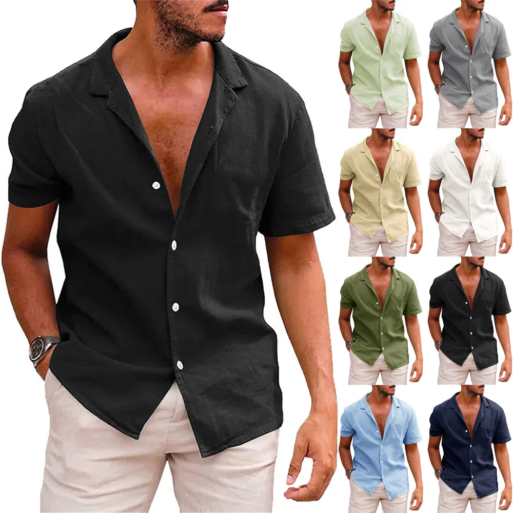 

2023 New Men's Casual Lapel Loose Short Sleeve Shirt Men's Solid Color Cotton and Linen Breathable Shirt men