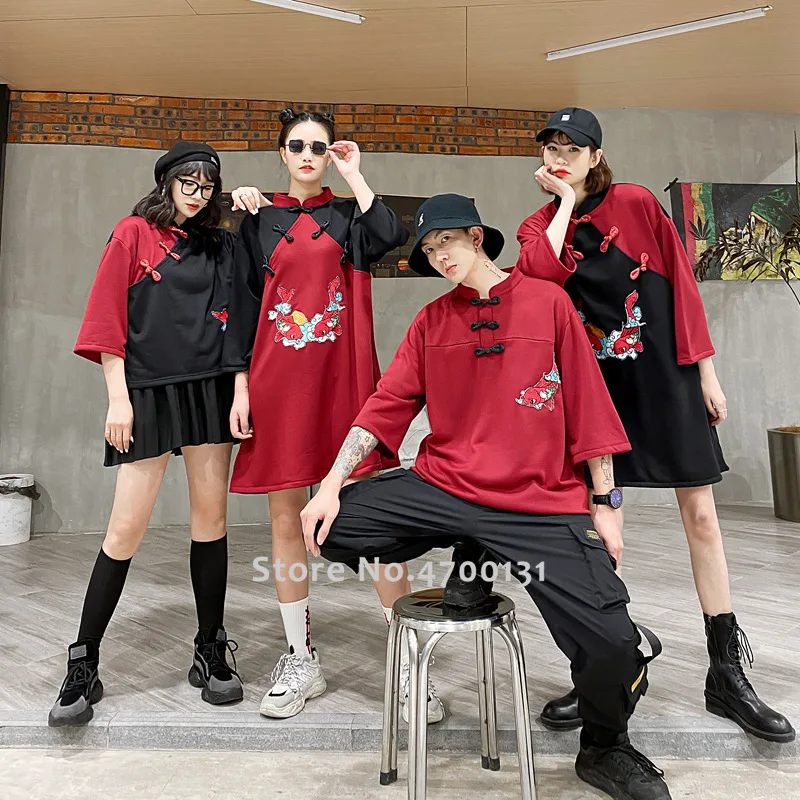 Chinese Style Men Qipao Tops T-shirt Women Cheongsam Hanfu Party Dress Couples Tang Suit Japanese Harajuku Style Casual Blouse