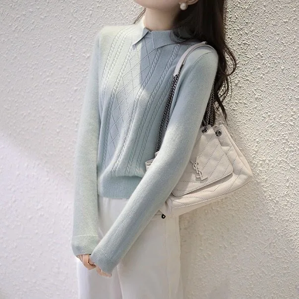 

Women Autumn Winter Polo Collar Pullover Sweater Lady Long Sleeve Solid Color Blusas Tops ZZ1715