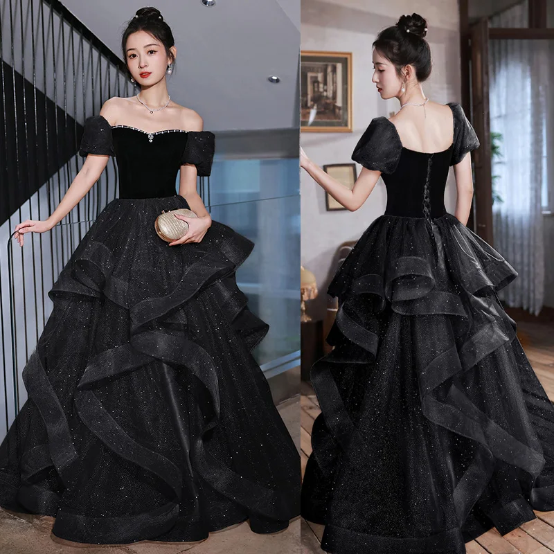 

It's Yiiya Boat Neck Pleat A-Line Ruched Floor-Length Formal Dress Lace Up Tulle Black Appliques Elegant Dress Woman Party A2742