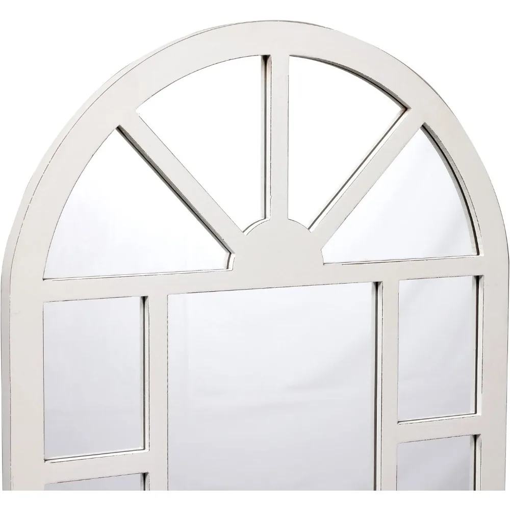 Rustic Wooden Arched Window Mirror 24x40" Distressed White Farmhouse Wall Decor for Living Room Bedroom