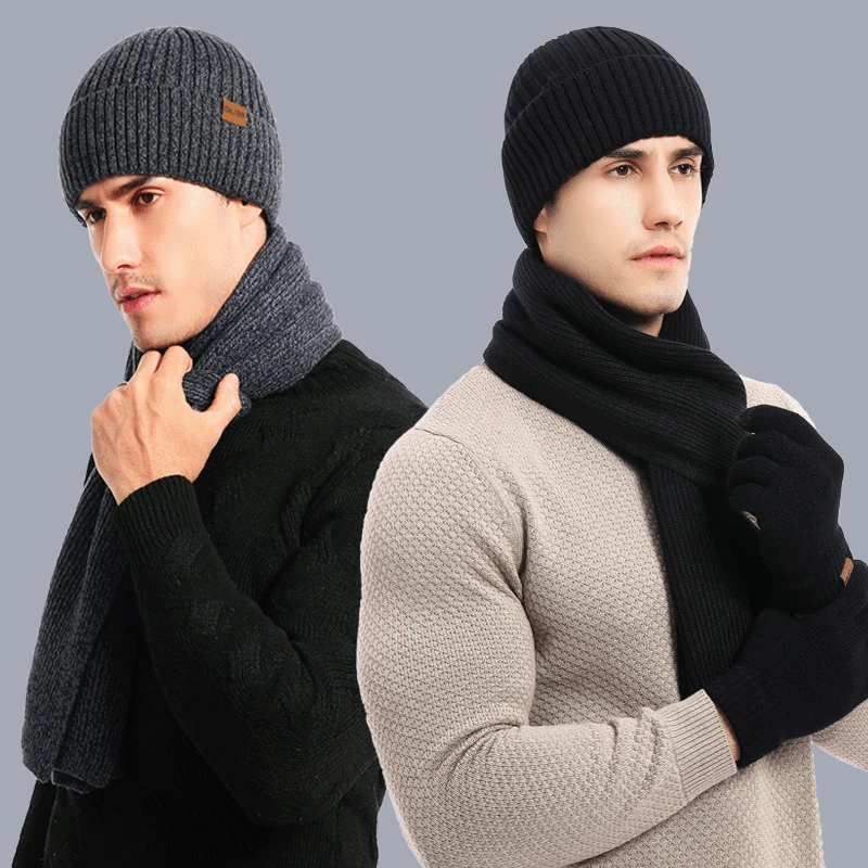 

New Fashion Versatile Trend Autumn Winter Warm Solid Color Knitted Thickened Luxury Unisex Hat, Scarf and Glove Three Piece Set