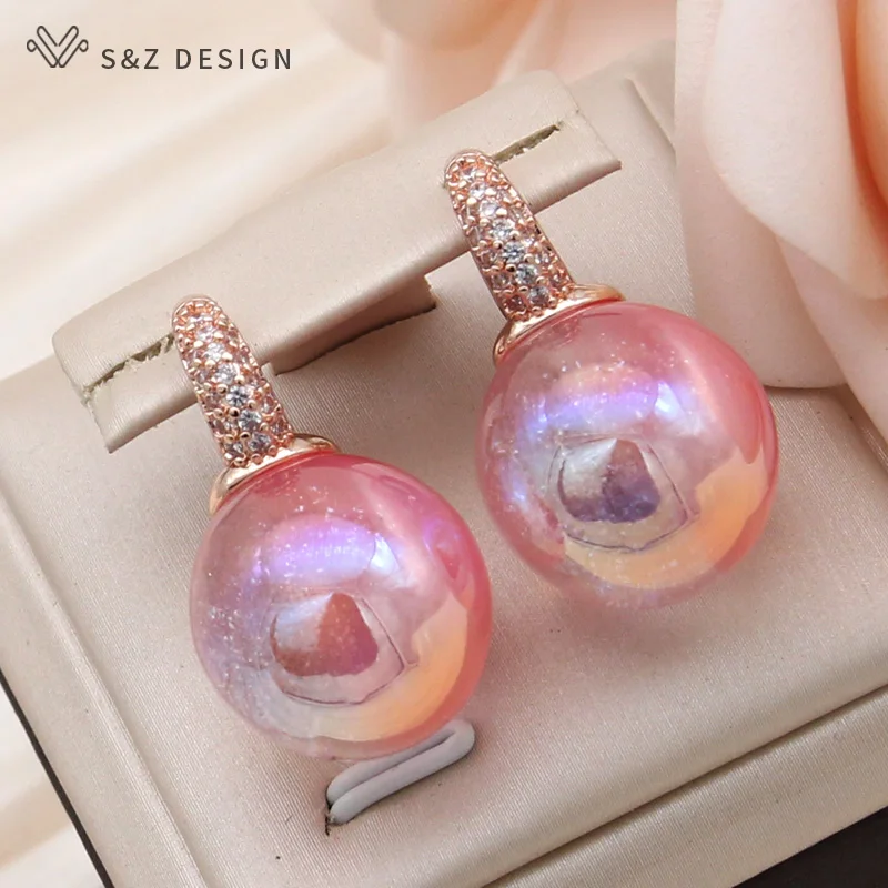 S&Z DESIGN New Fashion Round Colorful Beads Dangle Earrings For Women Wedding 585 Rose Gold Color Jewelry Cubic Zirconia Eardrop