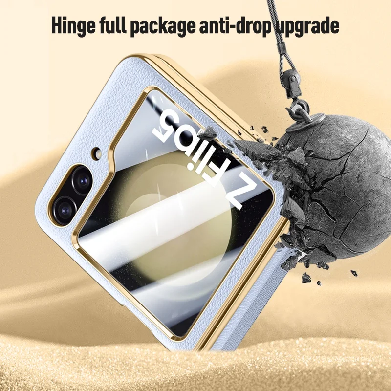 Skin Sensitive Hinge Case For Samsung Galaxy Z Flip 5 Electroplated Plating frame Folding Shockproof Hard Cover With Glass Film
