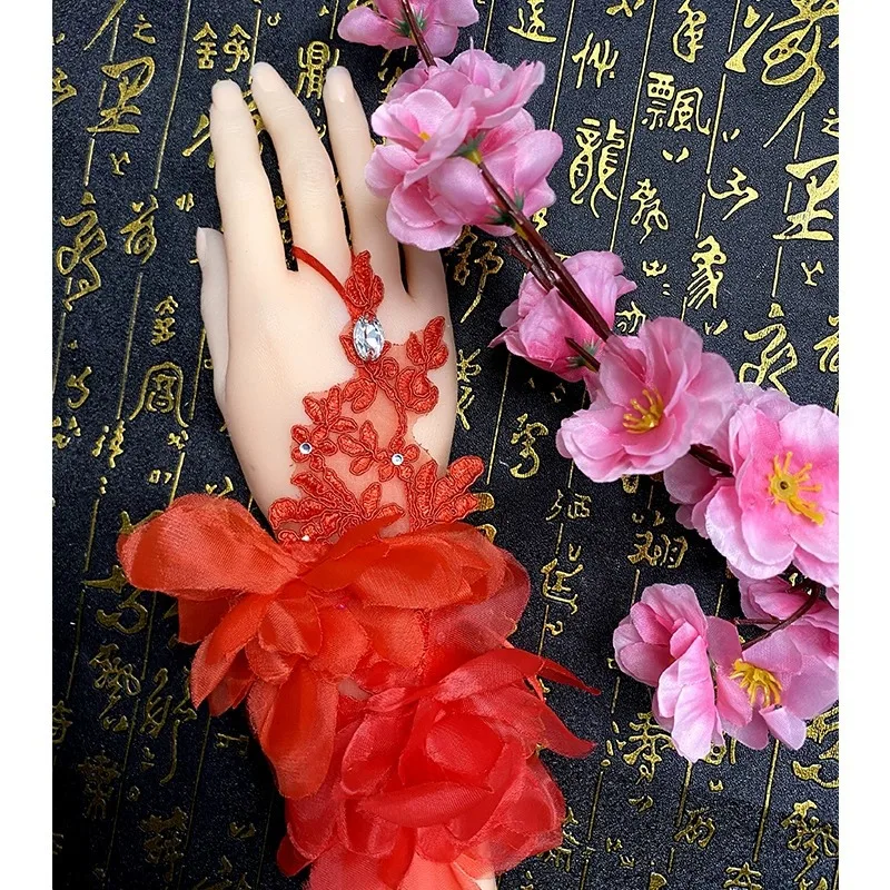 New Bridal Lace Gloves Women Fingerless Flower Mesh Yarn Evening Gloves Elegant Guantes Wedding Party Glove Girl Short Paragraph