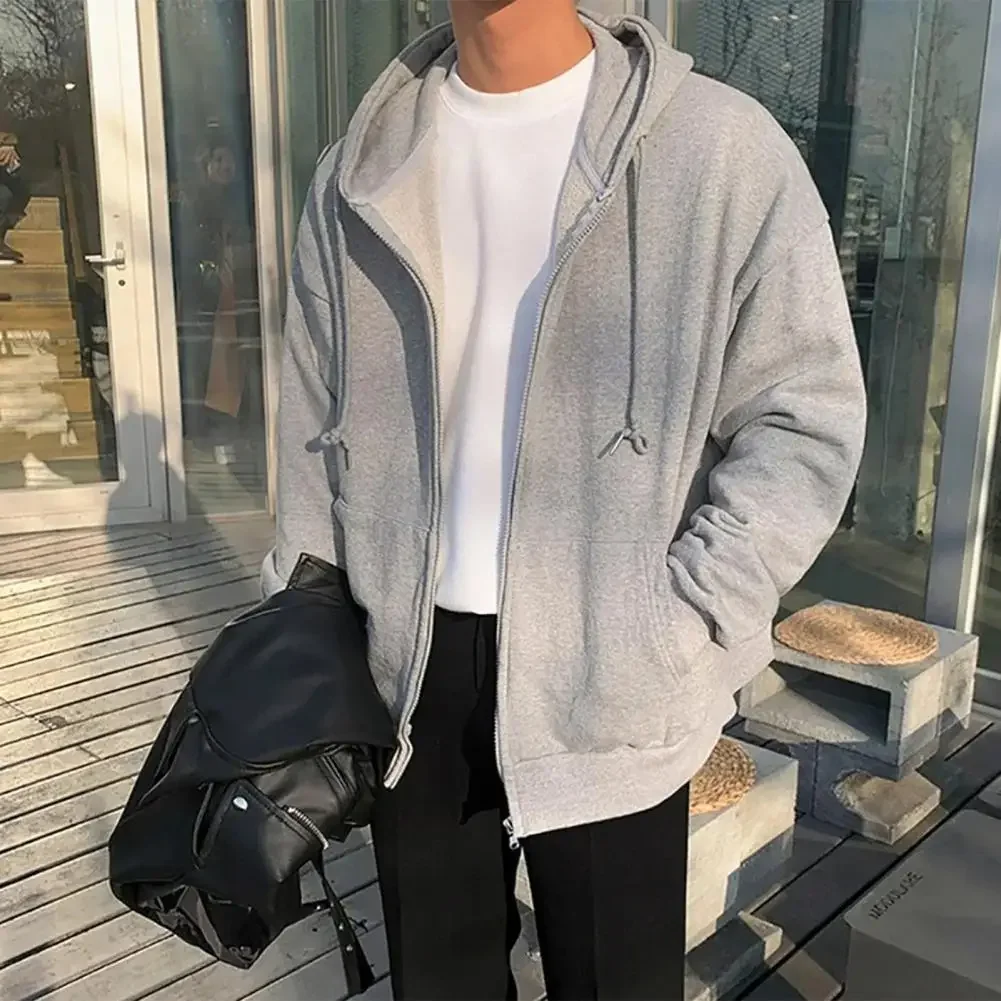Warm Lightweight Coat Hooded Drawstring Jacket Coat for Men Women with Zipper Placket Pockets Loose Fit Sweatshirt Outwear Long 4