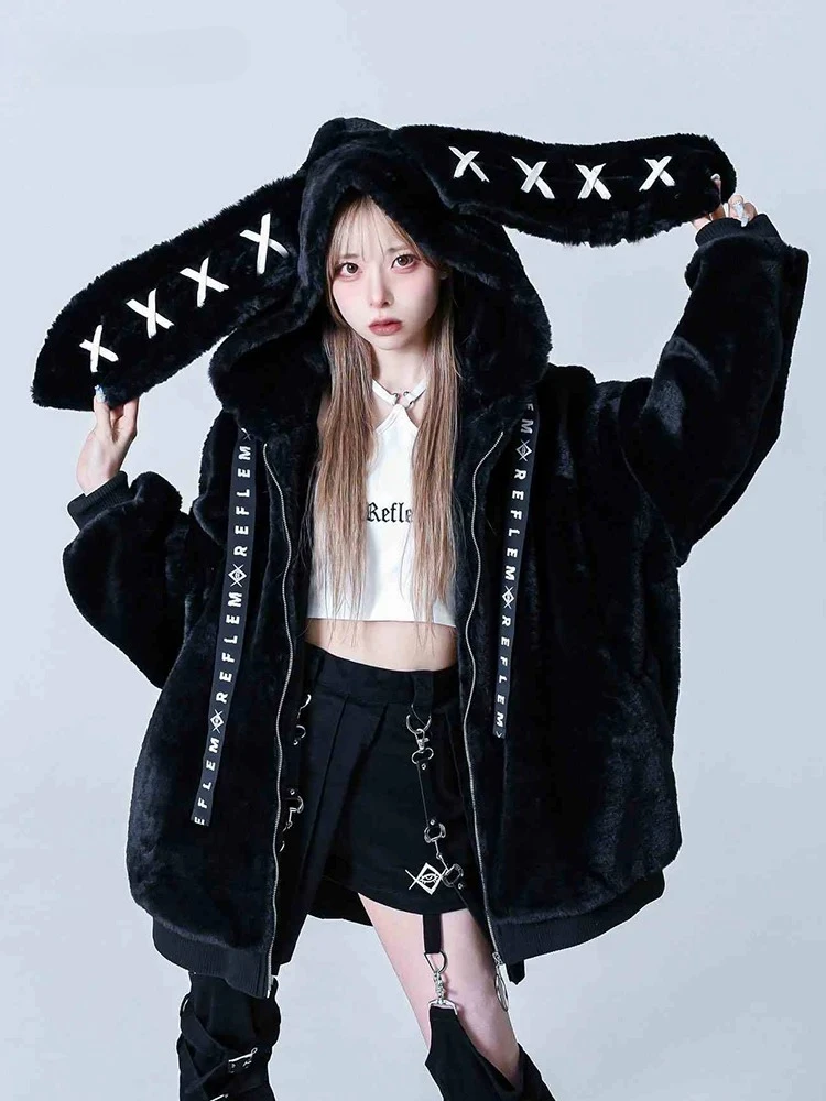 Trendy Womens Black Cute Bunny Ear Collar Zip Up Jacket Y2K Kawaii Oversized Plush Coat Street Style Plush Bunny Ear Warm Coat