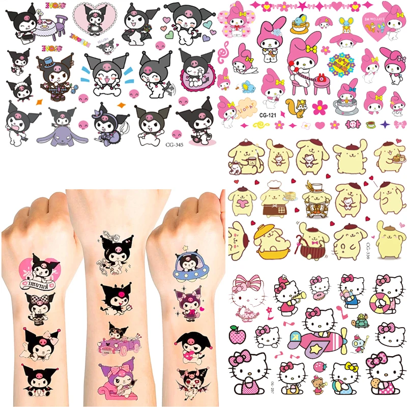 

Kawaii Sanrio Hello Kitty Stickers Kuromi Mymelody Anime Temporary Tattoo Cinnamoroll Decor Waterproof Art Kid Toys for Children